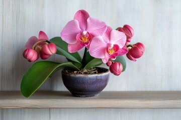 Wall Mural - A vibrant pink orchid in a ceramic pot sitting elegantly on a floating wooden shelf.