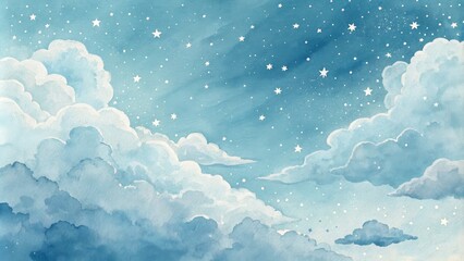 watercolor night sky clouds, stars, dreamy blue, celestial art, watercolor painting celestial, dream