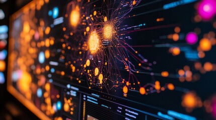 Fototapete - Colorful nodes and lines depict complex data relationships on a digital screen during a technology demonstration, showcasing the interaction of information in real-time analysis and visualization.
