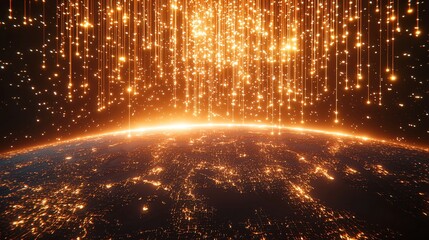 Golden data stream falling onto Earth at night