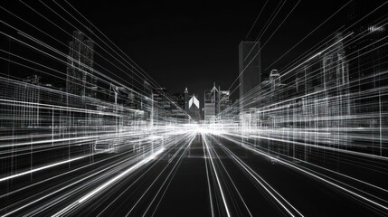 Wall Mural - cityscape, wireframe, night, speed, lines, converging, future, technology, urban, transportation, ad