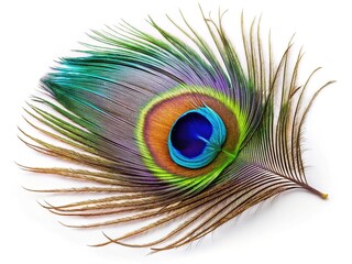 Wall Mural - White backdrop showcases isolated peacock feathers in jewel tones.