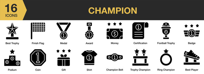 Wall Mural - Champion solid icon set. Includes winner, trophy, team, celebration, golden, victory, and More. Solid icons vector collection.