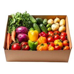  Cardboard box full of colorful fresh vegetables food isolated on transparent background Remove png, Clipping Path, pen tool