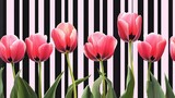 Elegant pink tulips arranged on a minimalist striped background with ample copy space, perfect for spring-themed designs, floral greeting cards, and creative marketing projects.