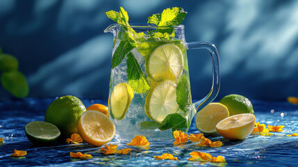 Wall Mural - A translucent pitcher of sparkling lemonade with mint leaves and slices of lime, sitting on a textured cobalt blue table, a scattered arrangement of citrus fruits and contrasting yellow petals