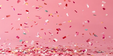 Wall Mural - Close-up of falling confetti on bright pink background, with individual pieces floating gently in mid-air, macro, texture, details, fragments, paper