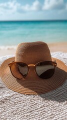 Straw hat and sunglasses on beach towel near ocean. (1)