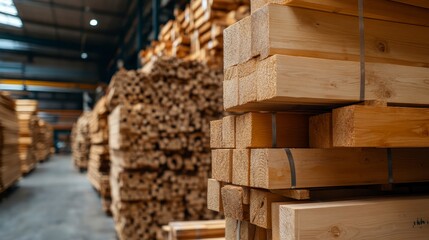 Wall Mural - Stacked lumber in a warehouse showcasing organized timber storage and industrial setting