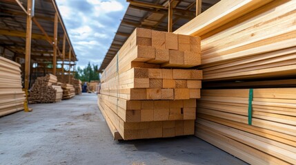 Wall Mural - Stacked wooden beams in a lumber yard with workers and machinery in the background