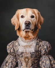 Wall Mural - Animal portrait in Victorian outfit concept. Golden retriever in a regal dress with a vintage style