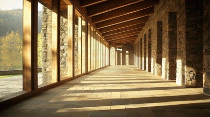 Wall Mural - sunlit stone corridor with wooden beams and glass walls.