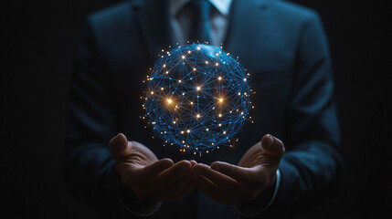 Businessman holding glowing global network sphere.