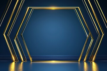 Wall Mural - modern gold hexagon frame on dark blue background with light