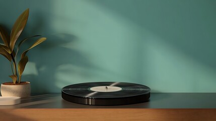 Wall Mural - Elegant vinyl record mockup isolated on sleek modern table with minimal design