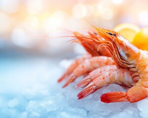 Close up of fresh shrimp on ice ready for cooking or seafood dish presentation