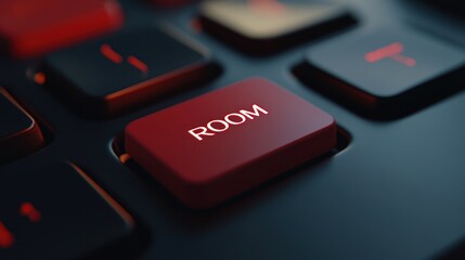 Wall Mural - red room button keyboard close-up, dark background, website design