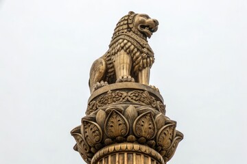Wall Mural - Close-up shot of a brass statue of the Ashoka Stambha with intricate details, metalwork, fine art, ashoka stambha, intricate design, statue