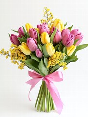 Wall Mural - Spring Bouquet: A vibrant bouquet of yellow and purple tulips, elegantly tied with a pink ribbon, creating a cheerful and romantic floral arrangement.