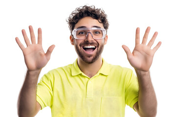 surprised man with curly hair wearing safety glasses raising both hands in amazement and excitement