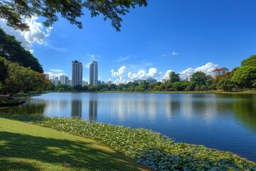 Wall Mural - City park lake serene summer cityscape reflection