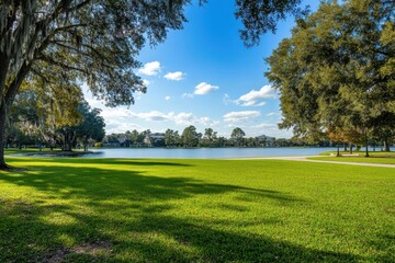 Wall Mural - Sunny park lake view, lush grass, tree shade, houses background, idyllic scene