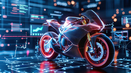 Aufkleber - 3D digital model of motorcycle with futuristic design, surrounded by high tech graphics and data visualizations, showcasing innovation and technology