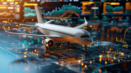 Fototapete - 3D digital model of aircraft on high tech interface, showcasing data analytics and futuristic technology. scene conveys innovation and advanced aviation concepts