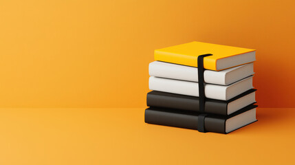 Leinwandbilder - Minimalist arrangement of notebooks in monochrome colors on vibrant orange background, showcasing modern and stylish design