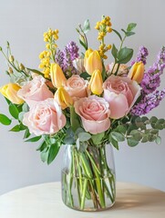 Wall Mural - Pastel Dream Bouquet: A delicate arrangement of blush pink roses and sunny yellow tulips, accented with sprigs of lavender and eucalyptus, sits elegantly in a clear glass vase.