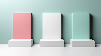 Leinwandbilder - Minimalist display of three geometric pedestals with pastel colored panels. soft hues create serene atmosphere, perfect for showcasing products or art