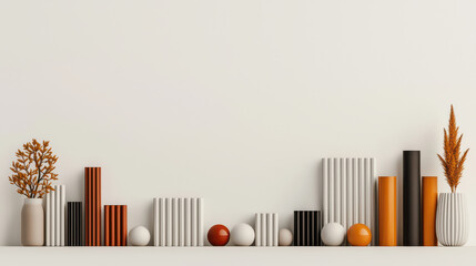 Aufkleber - Minimalist display of geometric forms with orange, black, and white colors, featuring vases and decorative elements. modern aesthetic for interior design
