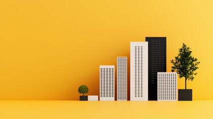 Leinwandbilder - Minimalistic illustration of buildings and trees on vibrant yellow background, showcasing modern urban landscape. design features various heights and shapes, creating dynamic visual appeal