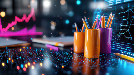 Aufkleber - vibrant 3D rendering of stationery products, including colorful pens and pencils in orange and purple holders, set against digital backdrop with data visualizations
