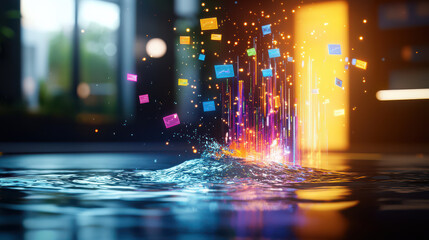 Aufkleber - vibrant 3D rendering of water splashing with colorful data visualizations emerging from surface, symbolizing technology and innovation