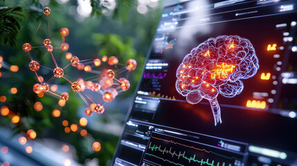 Poster - digital representation of brain and molecular structure, symbolizing mental health and wellness. vibrant colors and intricate details evoke sense of calm and focus