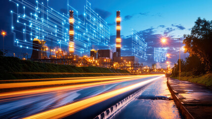 Fototapete - cinematic landscape of hydroelectric facility at dusk, showcasing illuminated structures and flowing water, with digital overlays representing technology and innovation
