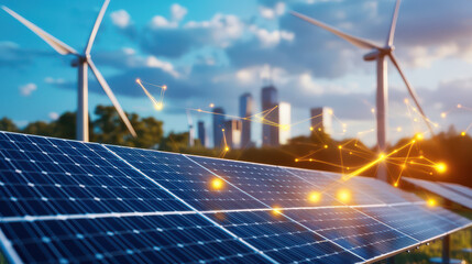 Leinwandbilder - Renewable energy sources with solar panels and wind turbines in city skyline. image showcases sustainable future with vibrant energy connections
