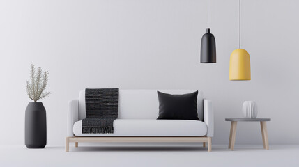 Aufkleber - clean and modern living room featuring white sofa, black and yellow pendant lights, decorative plant, and minimalist side table. space exudes calm and stylish atmosphere