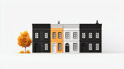 Aufkleber - clean minimalist 3D illustration of four buildings with contrasting colors, featuring orange accent. scene includes vibrant tree, creating modern urban aesthetic