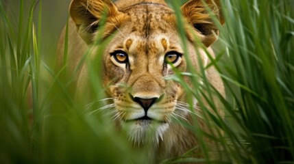 Intense gaze of a Lioness peering through tall green grass in natural habitat