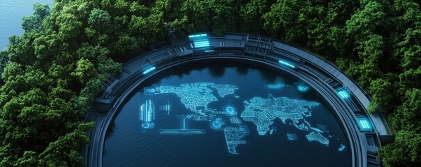 Fototapete - clean energy hydropower concept. Futuristic world map surrounded by lush greenery and glowing technology elements.