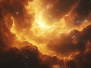 Fiery orange nebula with stars and planets.