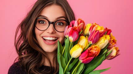 Wall Mural - Close up portrait of young beautiful woman. Attractive woman with flowers. Female with tulips. Spring bouquet.