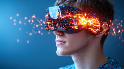 Fototapete - person wearing virtual reality headset, immersed in digital world with glowing graphics and data visualizations. scene conveys sense of innovation and technology