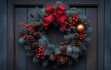 Christmas wreath with red bow on dark door.