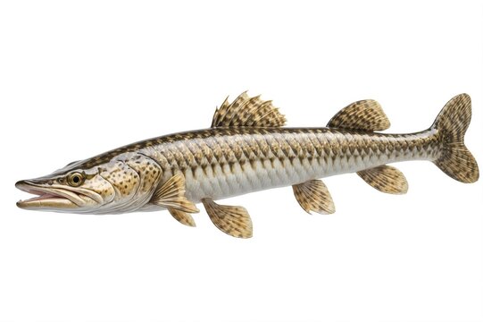 A detailed close-up studio shot of a northern pike fish isolated on white background.