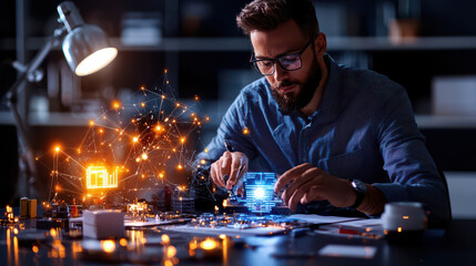 Poster - entrepreneur using advanced AI technology to develop innovative solutions in modern workspace. scene captures creativity and focus in tech driven environment