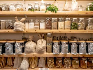 Illustration of A zero-waste grocery store, shelves lined with bulk bins, glass jars, and cloth bags, a minimalist aesthetic with a focus on sustainability and eco-friendly design. Ai Generate.