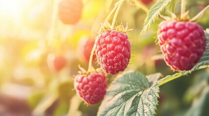 Canvas Print - Vibrant raspberries hang on bushes, enjoying the warm sunlight of a summer day in a lush garden setting